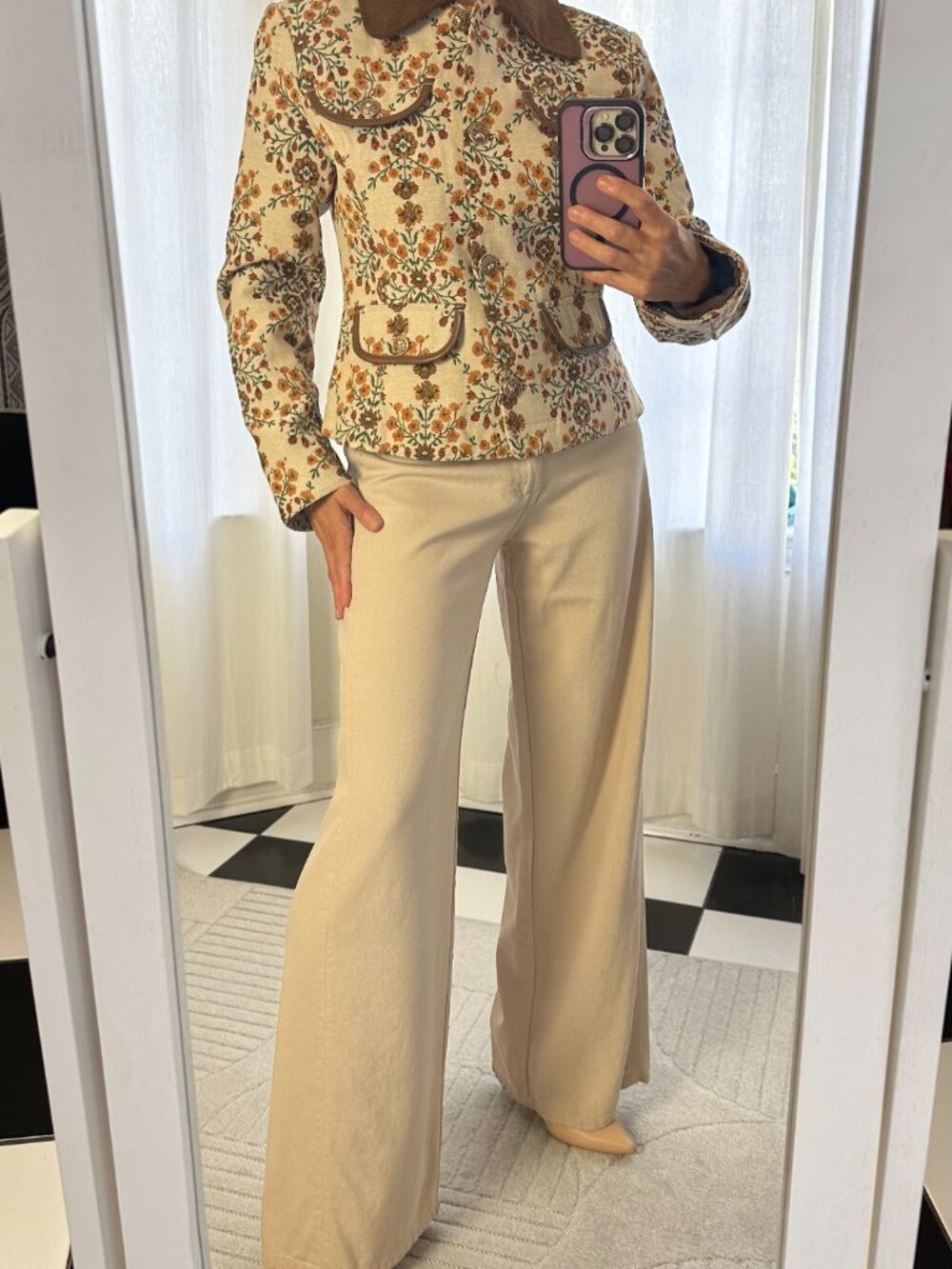 Avec Les Filles Floral Jacquard Cropped Jacket Corduroy Collar NWT M
